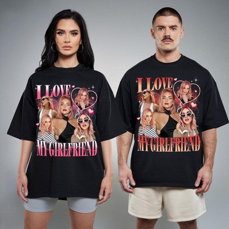 T-shirt foncé personnalisé avec photo « J'aime mon petit ami/ma petite amie » de style vintage pour couple