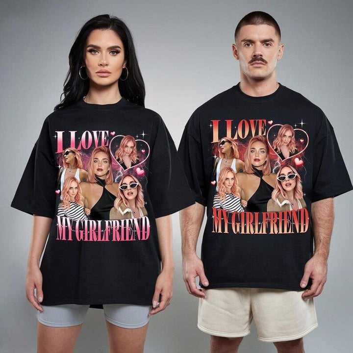 T-shirt foncé personnalisé avec photo « J'aime mon petit ami/ma petite amie » de style vintage pour couple