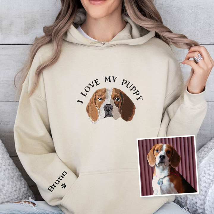J'aime mon chien personnalisé portrait d'animal à capuche brodé