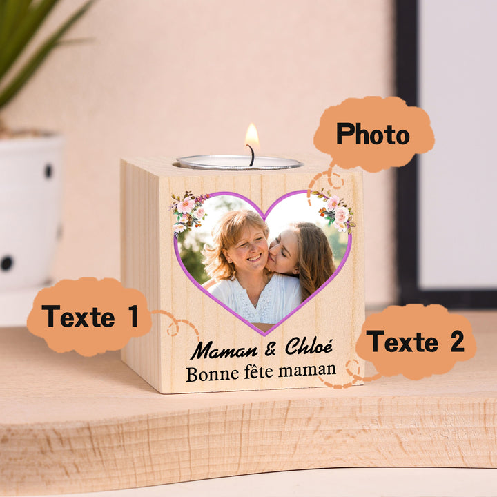 À ma Maman - Bougeoirs en Bois sans bougie 2 Textes Personnalisé avec photo