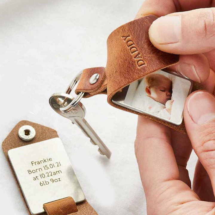 Porte-Clés Photo Personnalisé en Cuir avec Message Gravé - Cadeau Unique