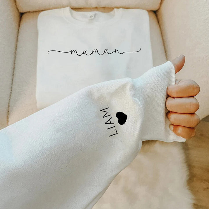 Sweat-shirt Mama personnalisé avec noms d’enfants sur la manche