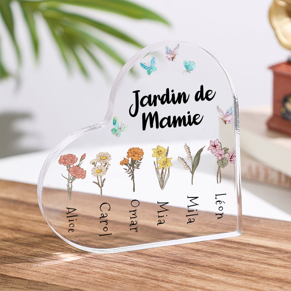 Plaque Acrylique en Forme de Cœur Personnalisée avec 1-6 Noms de Bouquet de Fleurs de Naissance