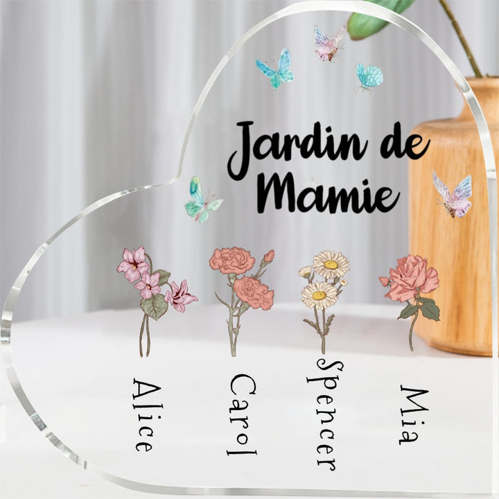 Plaque Acrylique en Forme de Cœur Personnalisée avec 1-6 Noms de Bouquet de Fleurs de Naissance