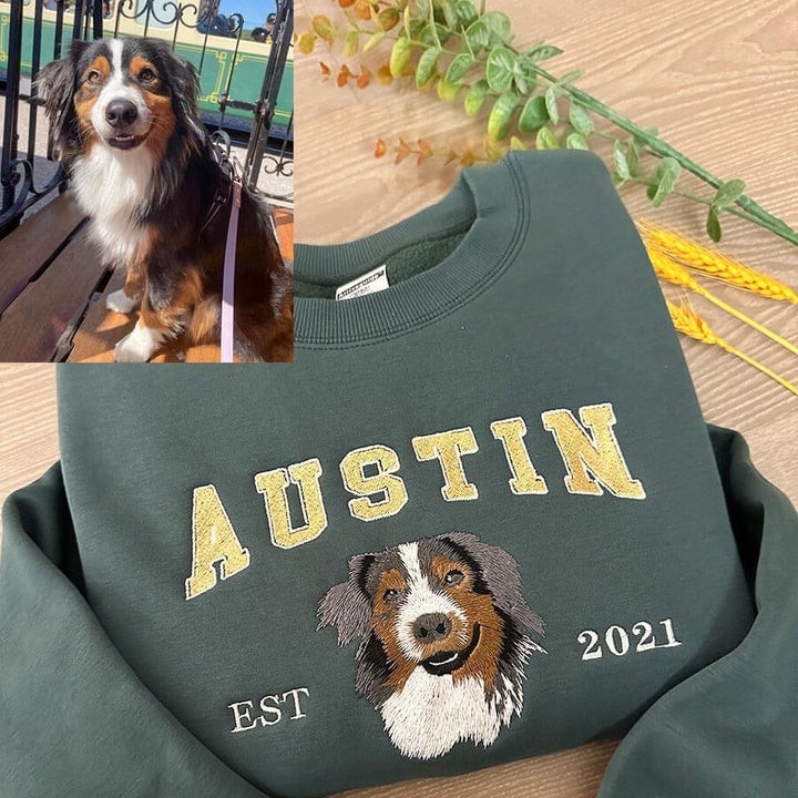 Sweat-shirt brodé avec visage de chien personnalisé avec nom basé sur votre photo