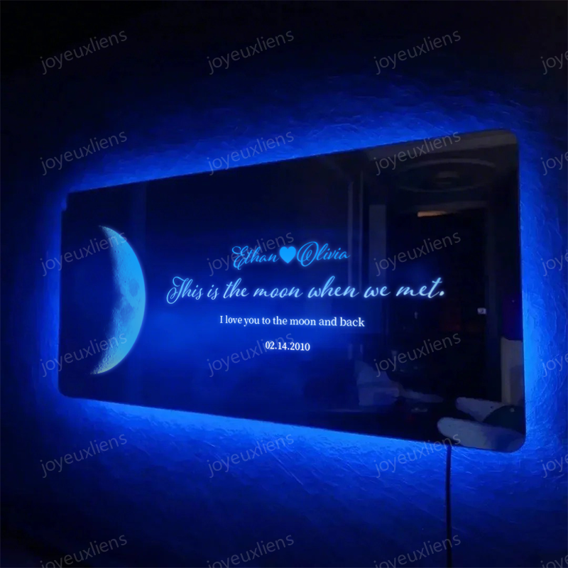 Miroir lumineux personnalisé avec phases de lune pour anniversaire - Cadeau romantique pour la Saint-Valentin