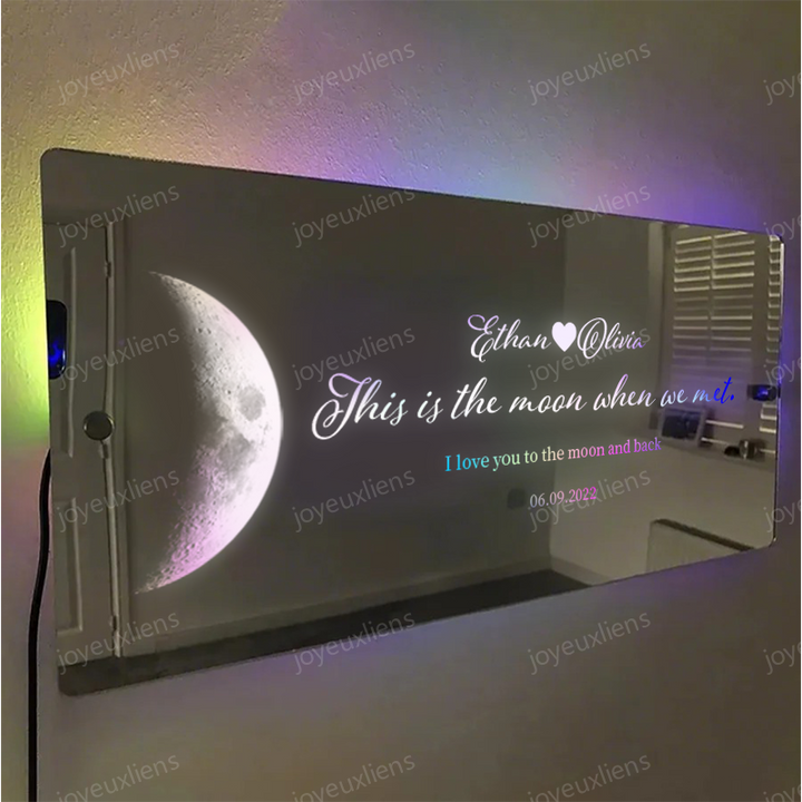 Miroir lumineux personnalisé avec phases de lune pour anniversaire - Cadeau romantique pour la Saint-Valentin
