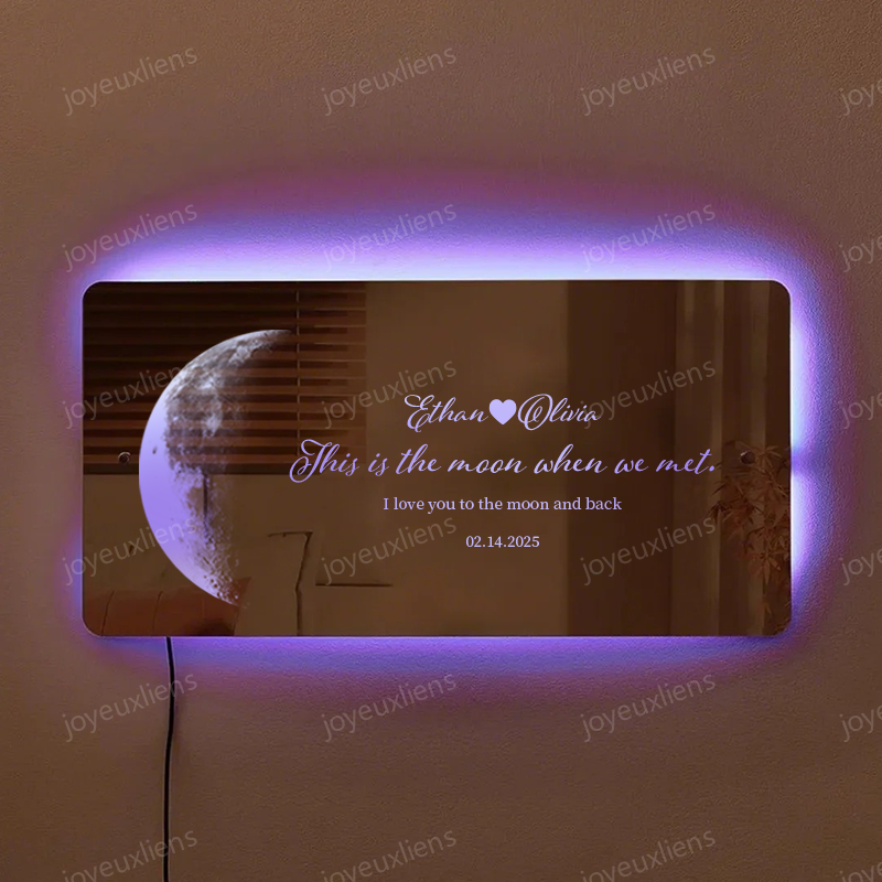 Miroir lumineux personnalisé avec phases de lune pour anniversaire - Cadeau romantique pour la Saint-Valentin