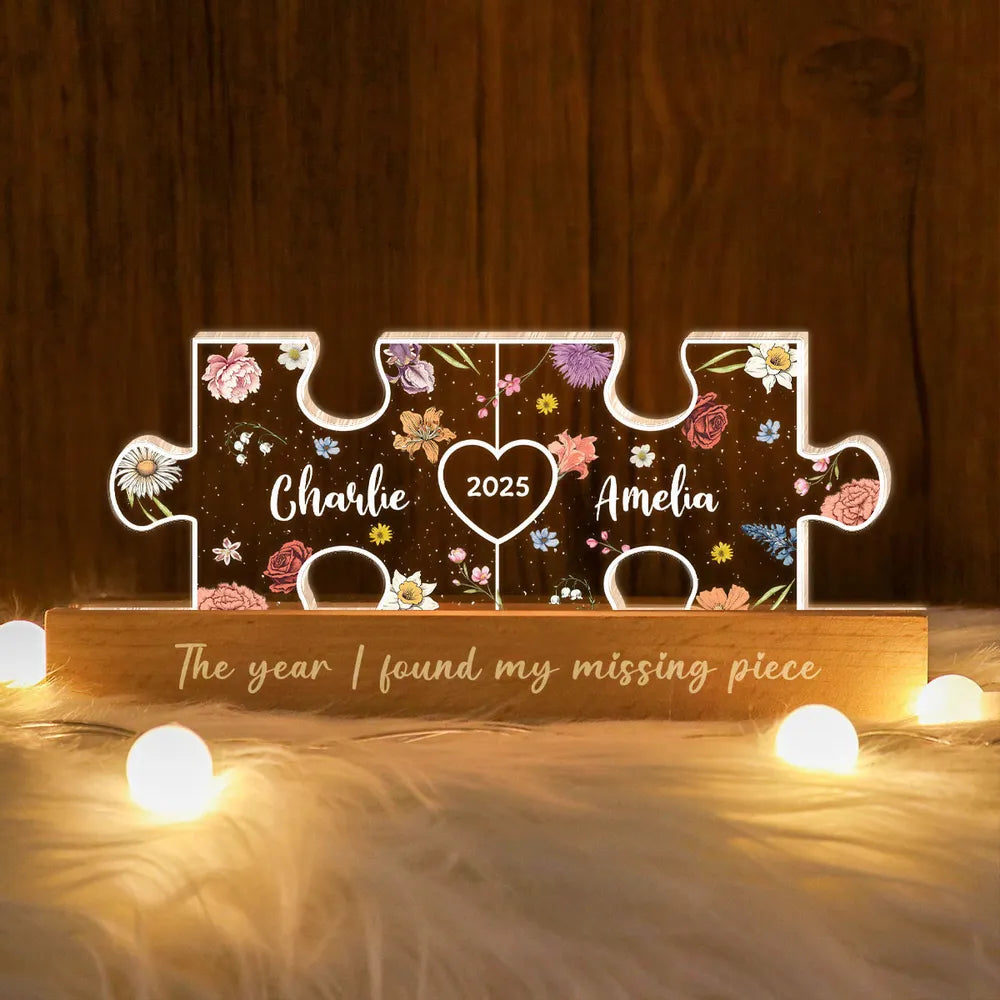 You Are My Missing Piece-Veilleuse LED en acrylique personnalisée avec initiales de couple sur le thème floral
