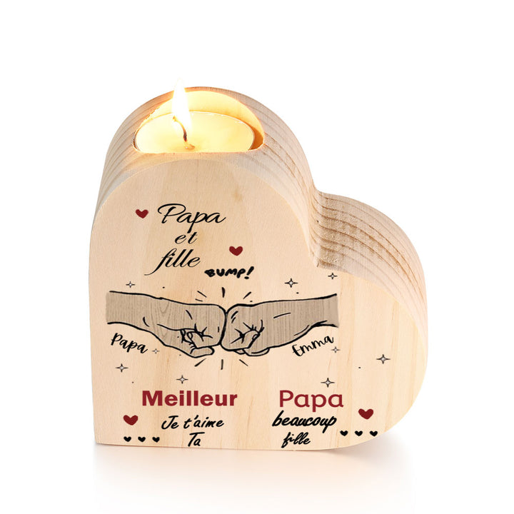 Papa et fille - Bougeoir Poings personnalisé en forme de coeur en Bois sans bougie 2 Prénoms Personnalisés