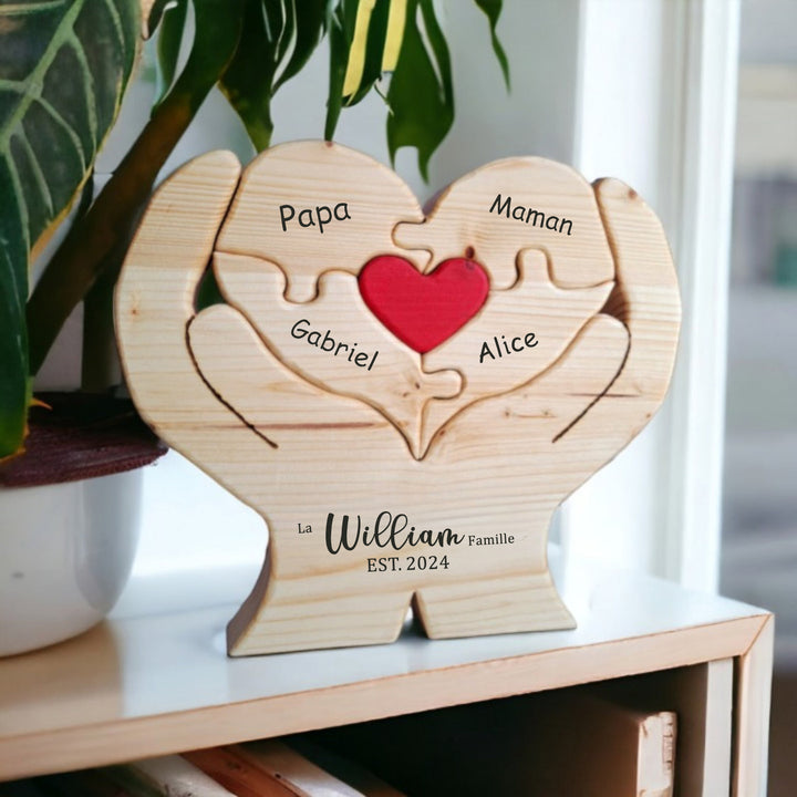 Puzzle familial en bois en forme de cœur, cadeau familial personnalisé, souvenir familial gravé personnalisé