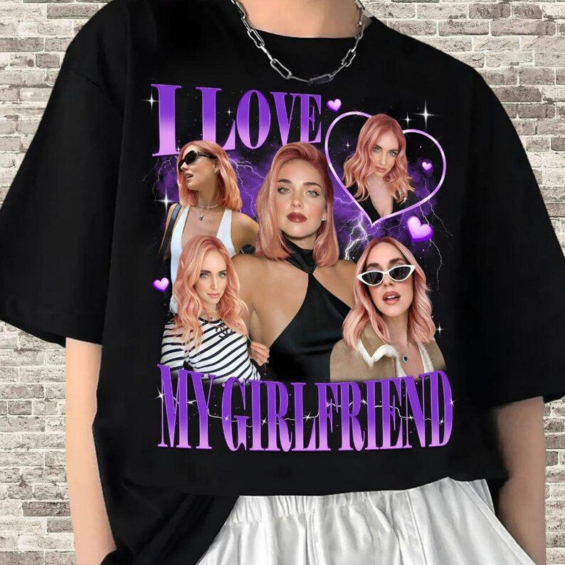 T-shirt foncé personnalisé avec photo « J'aime mon petit ami/ma petite amie » de style vintage pour couple