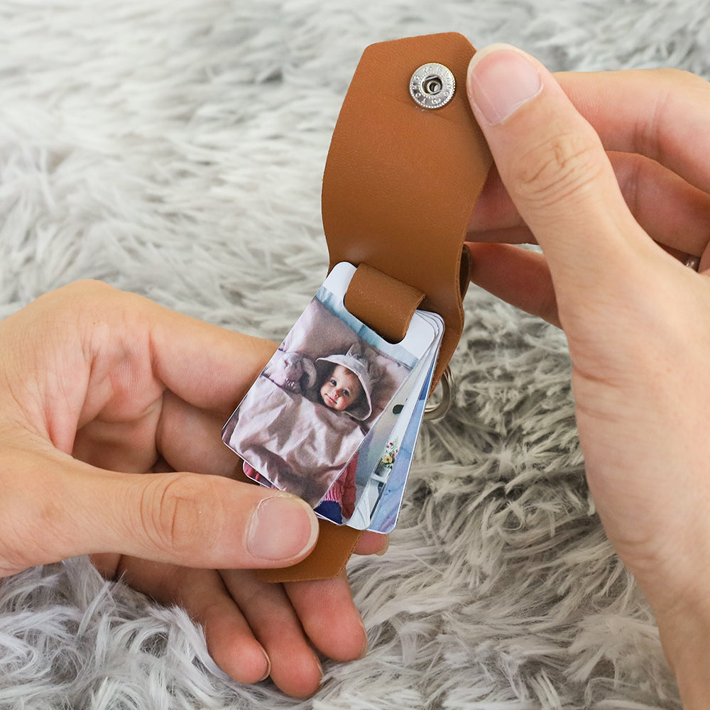 Porte-clés en cuir personnalisé avec plusieurs photos - Souvenir unique