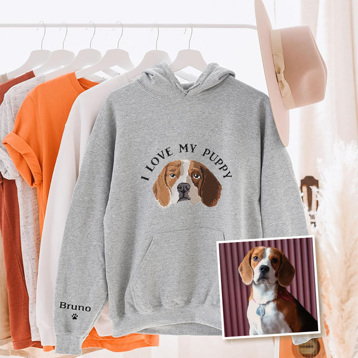 J'aime mon chien personnalisé portrait d'animal à capuche brodé