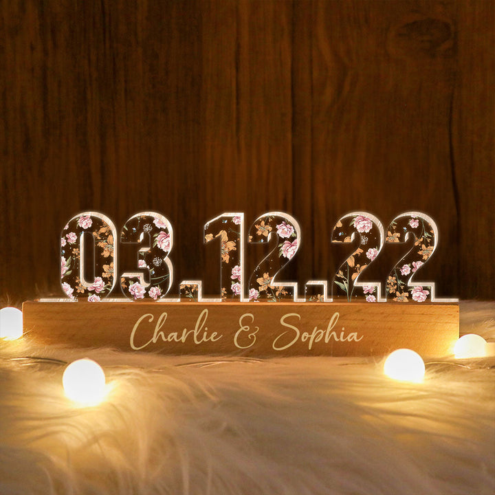 Veilleuse LED personnalisée avec imprimé floral pour couple, fiançailles, anniversaire