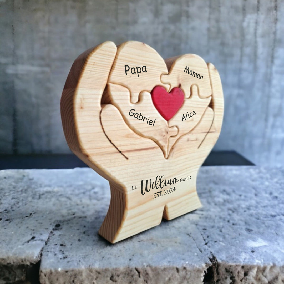 Puzzle familial en bois en forme de cœur, cadeau familial personnalisé, souvenir familial gravé personnalisé
