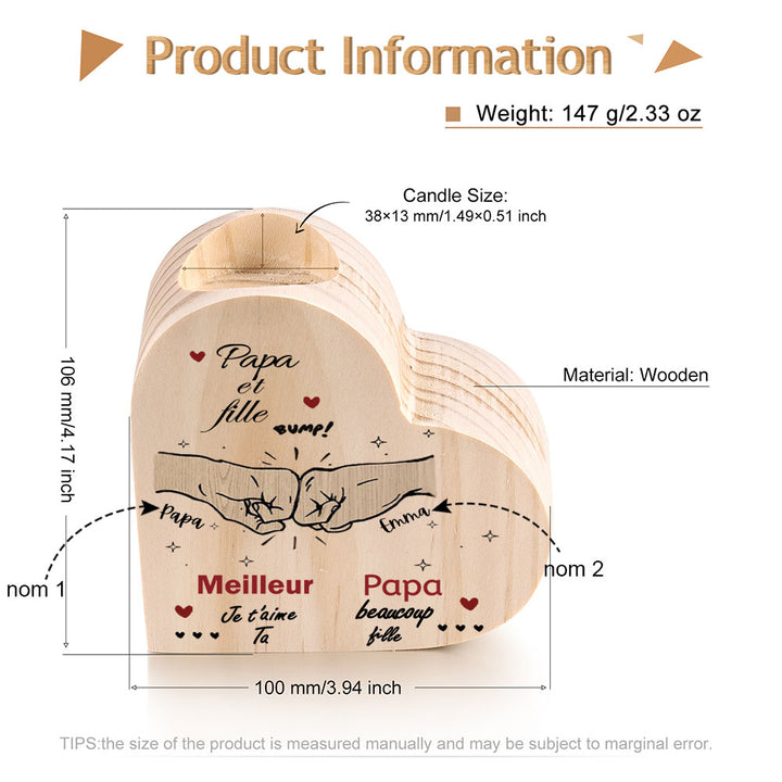 Papa et fille - Bougeoir Poings personnalisé en forme de coeur en Bois sans bougie 2 Prénoms Personnalisés