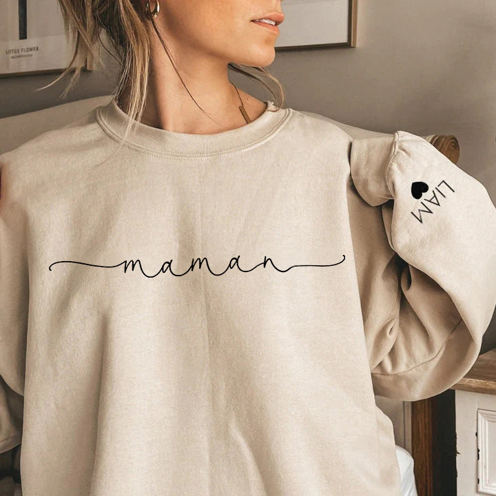 Sweat-shirt Mama personnalisé avec noms d’enfants sur la manche