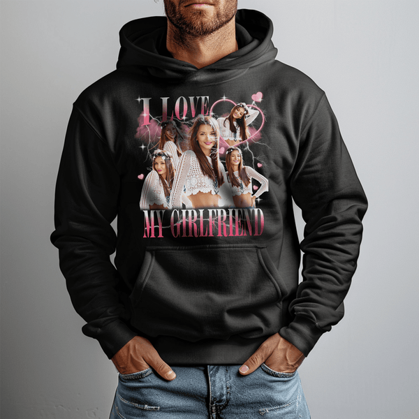 T-shirt foncé personnalisé avec photo « J'aime mon petit ami/ma petite amie » de style vintage pour couple
