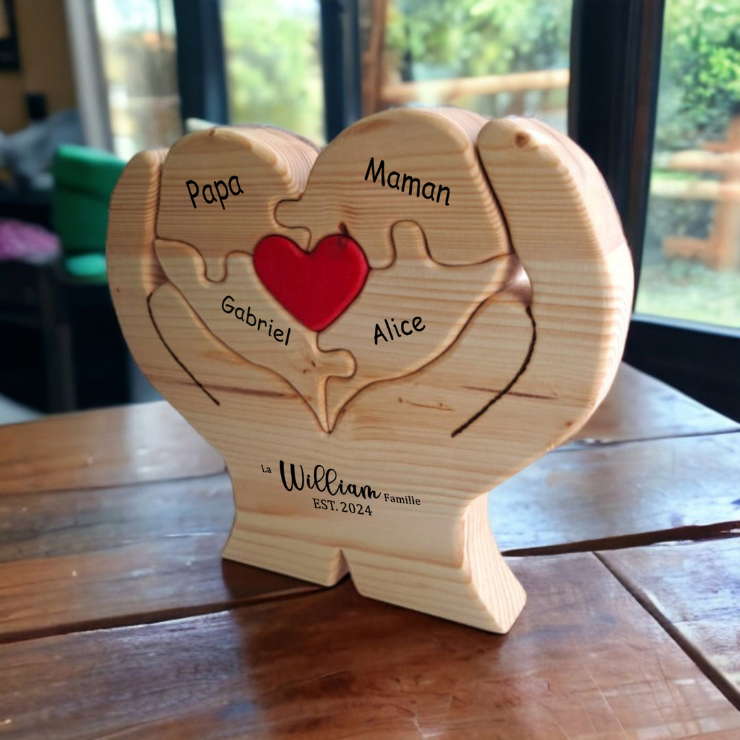 Puzzle familial en bois en forme de cœur, cadeau familial personnalisé, souvenir familial gravé personnalisé