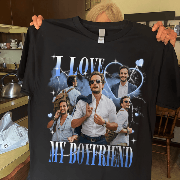 T-shirt foncé personnalisé avec photo « J'aime mon petit ami/ma petite amie » de style vintage pour couple