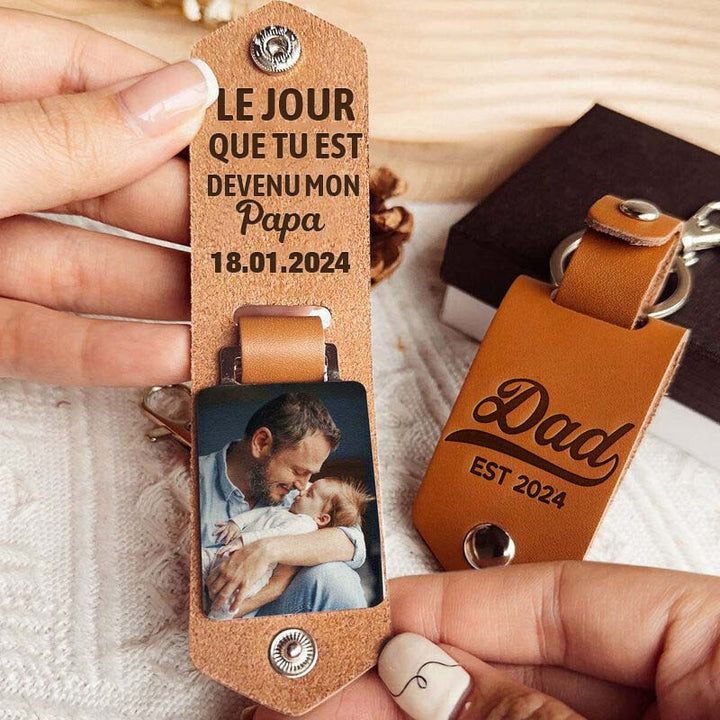 Porte-clés photo personnalisé en cuir, cadeau pour la fête des pères