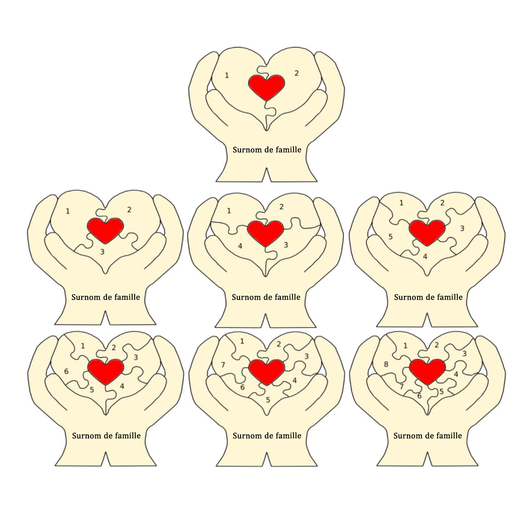 Puzzle familial en bois en forme de cœur, cadeau familial personnalisé, souvenir familial gravé personnalisé