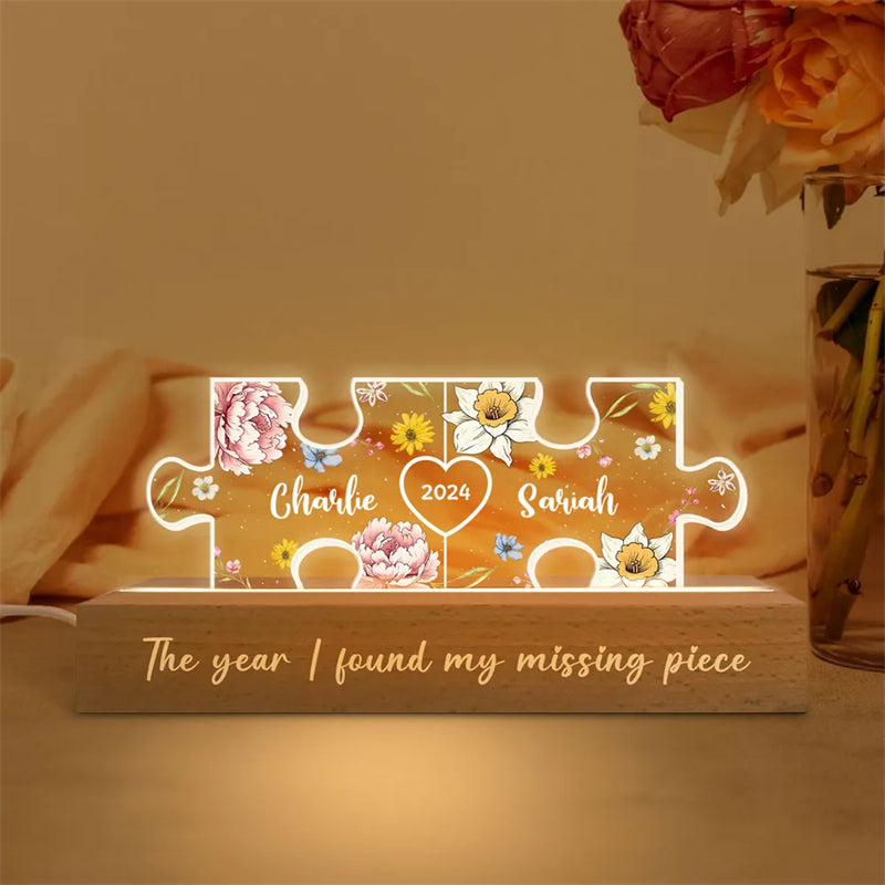 You Are My Missing Piece-Veilleuse LED en acrylique personnalisée avec initiales de couple sur le thème floral
