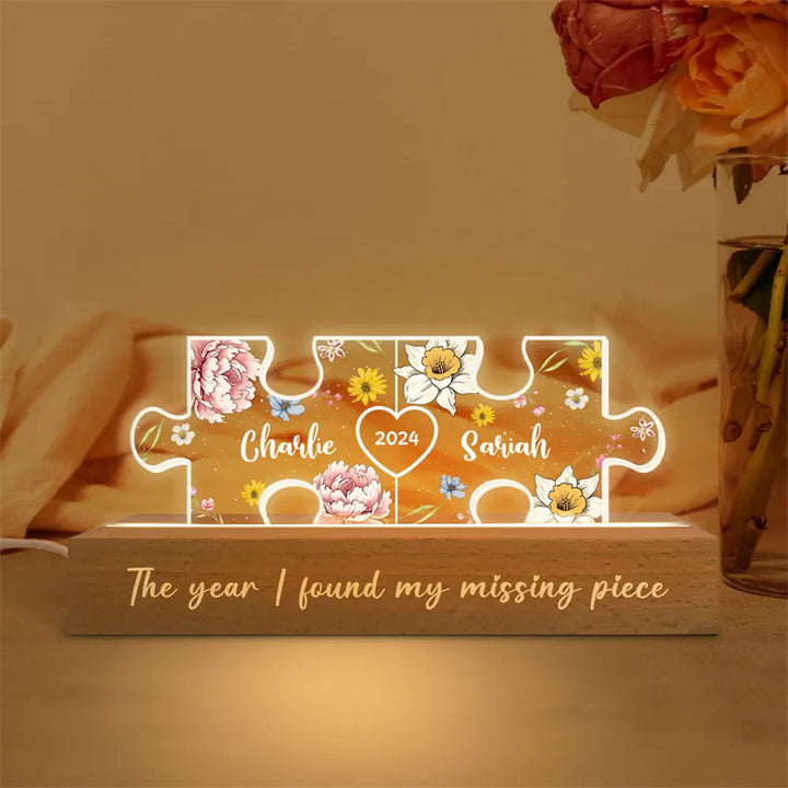 You Are My Missing Piece-Veilleuse LED en acrylique personnalisée avec initiales de couple sur le thème floral