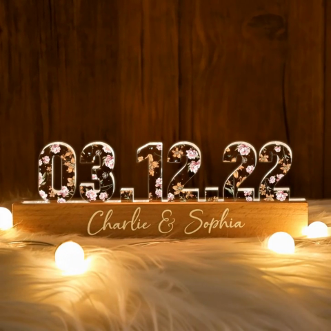 Veilleuse LED personnalisée avec imprimé floral pour couple, fiançailles, anniversaire