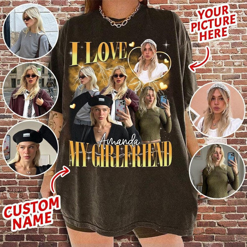 T-shirt foncé personnalisé avec photo « J'aime mon petit ami/ma petite amie » de style vintage pour couple