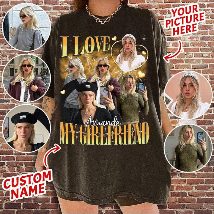 T-shirt foncé personnalisé avec photo « J'aime mon petit ami/ma petite amie » de style vintage pour couple