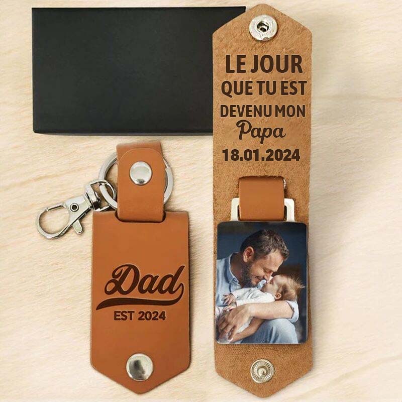 Porte-clés photo personnalisé en cuir, cadeau pour la fête des pères