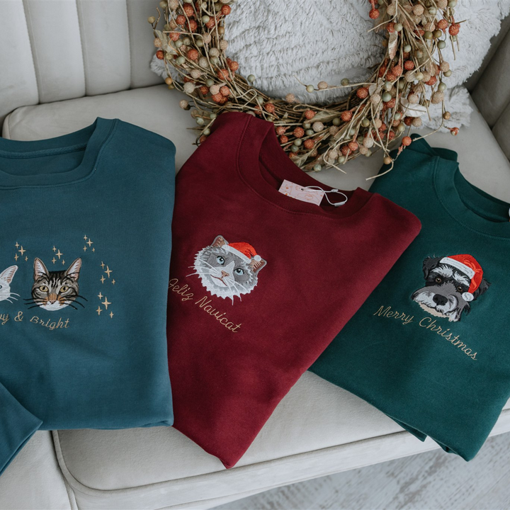 Christmas Custom Embroidered Sweatshirt With Pet Portrait