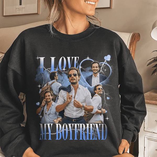 T-shirt foncé personnalisé avec photo « J'aime mon petit ami/ma petite amie » de style vintage pour couple