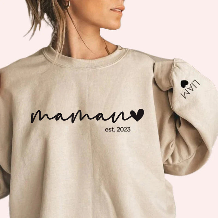 Sweat-shirt Mama personnalisé avec noms d'enfants sur la manche