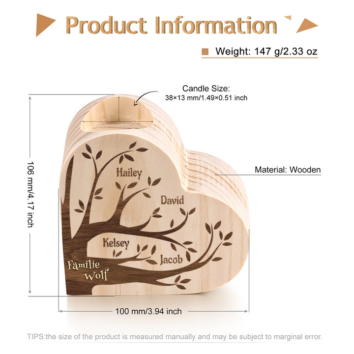 Bougeoir en Bois sans bougie Arbre de vie Arbre généalogique Prénoms Personnalisé avec texte