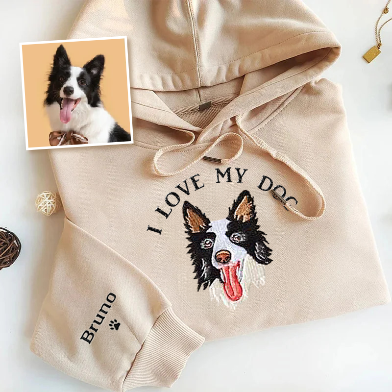 J'aime mon chien personnalisé portrait d'animal à capuche brodé