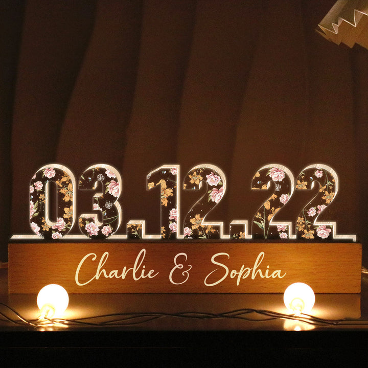 Veilleuse LED personnalisée avec imprimé floral pour couple, fiançailles, anniversaire