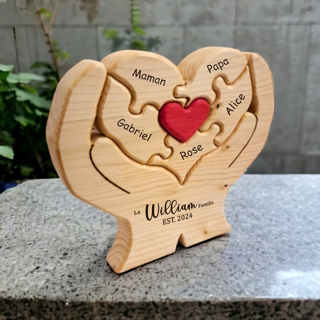 Puzzle familial en bois en forme de cœur, cadeau familial personnalisé, souvenir familial gravé personnalisé