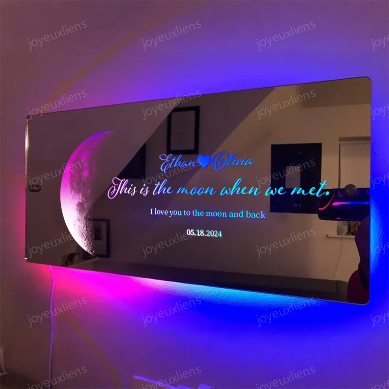 Miroir lumineux personnalisé avec phases de lune pour anniversaire - Cadeau romantique pour la Saint-Valentin