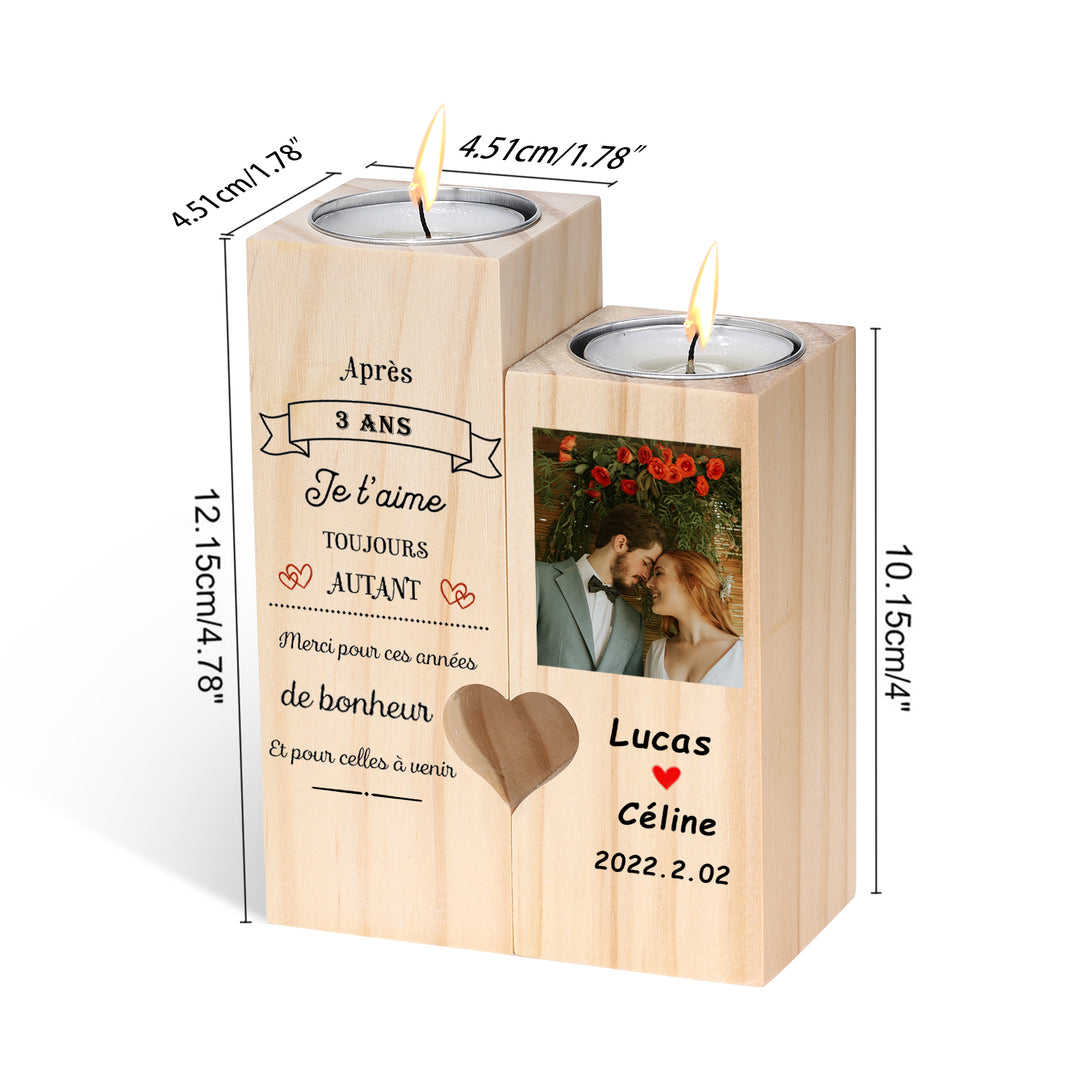 Bougeoir en Bois 2 Prénoms Personnalisé avec date et photo et numéros sans bougie