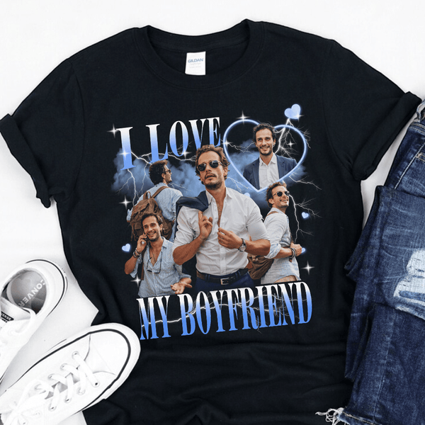 T-shirt foncé personnalisé avec photo « J'aime mon petit ami/ma petite amie » de style vintage pour couple
