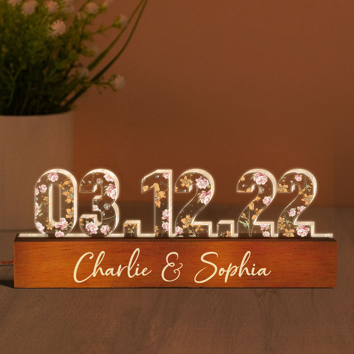 Veilleuse LED personnalisée avec imprimé floral pour couple, fiançailles, anniversaire
