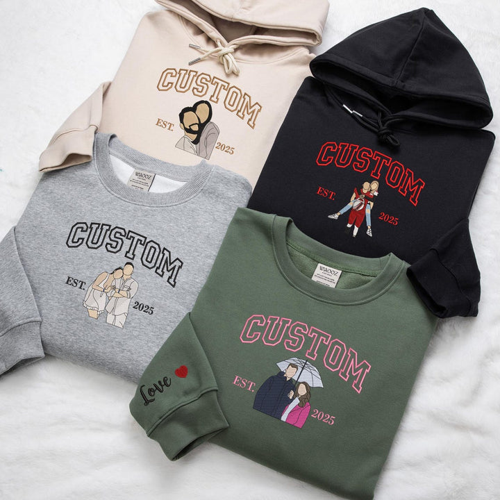 Sweat à capuche personnalisé avec photo portrait brodée pour couple