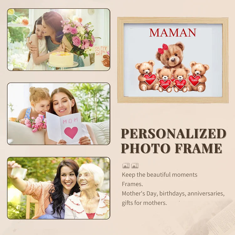 Cadre Photo LED Ours  Prénoms Personnalisés avec Texte Décoration Famille