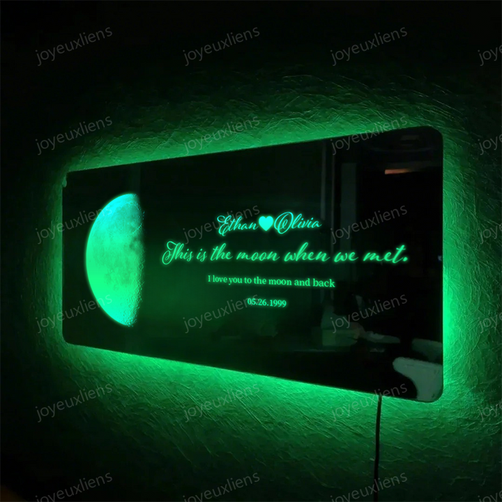 Miroir lumineux personnalisé avec phases de lune pour anniversaire - Cadeau romantique pour la Saint-Valentin
