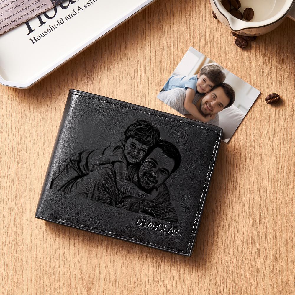 Portefeuille Flip Homme Photo Gravée Personnalisé Noir