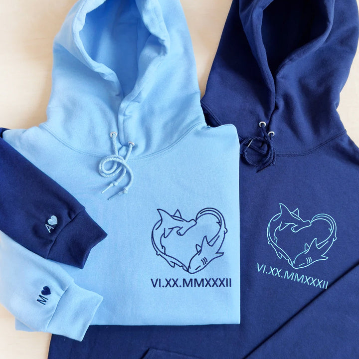 Sweat à capuche brodé personnalisé Shark Love Roman Numeral Couple