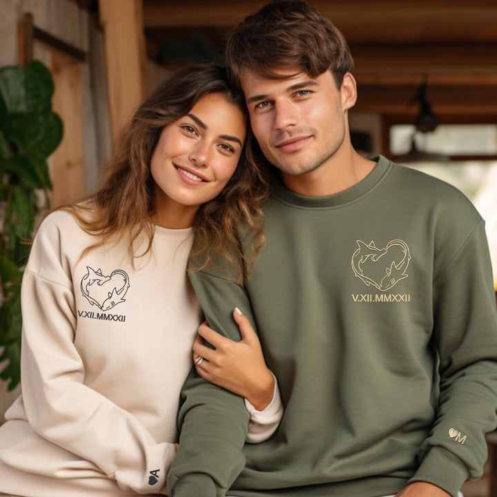 Sweat à capuche brodé personnalisé Shark Love Roman Numeral Couple